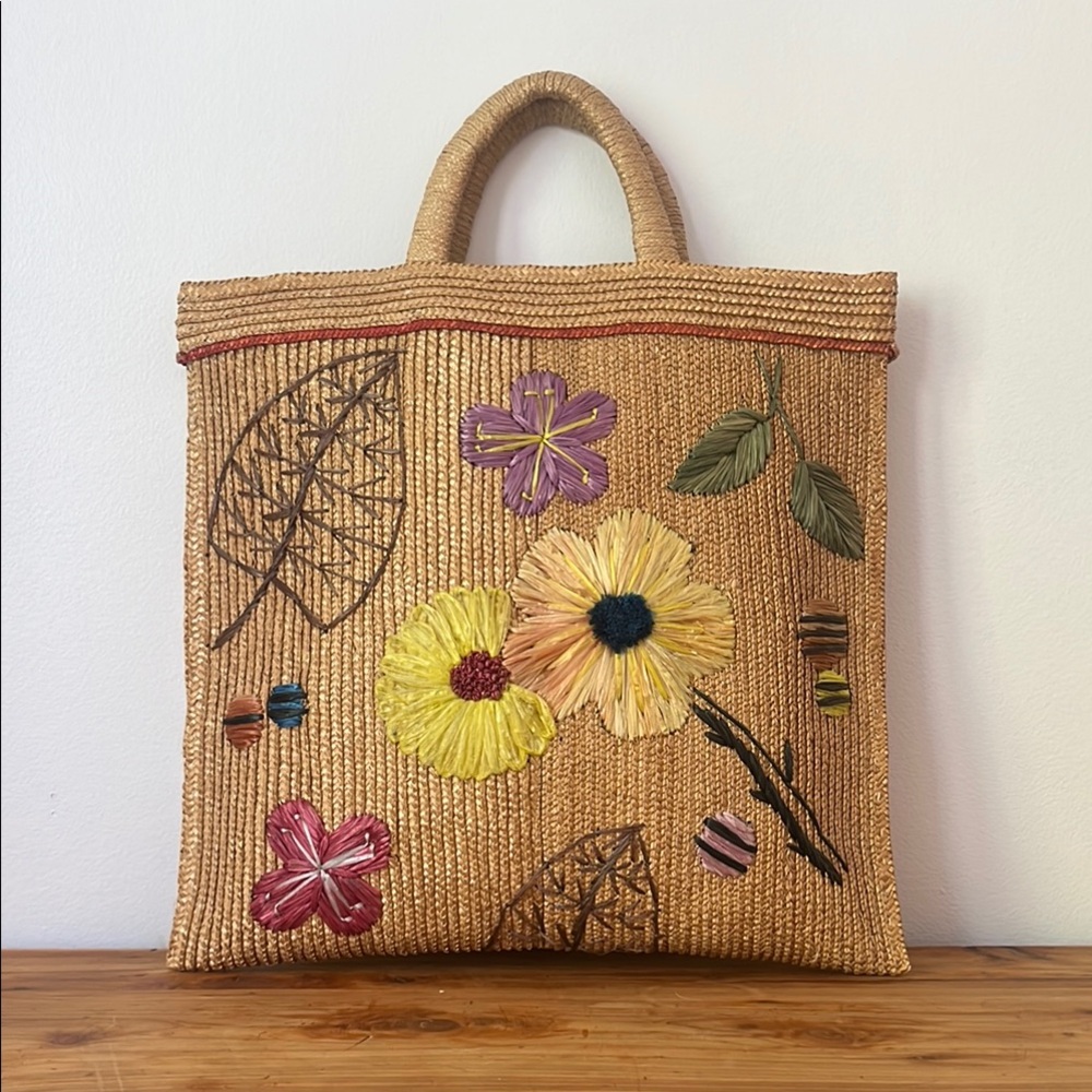 Vintage Floral Embroidered Straw and Raffia Tote Bag